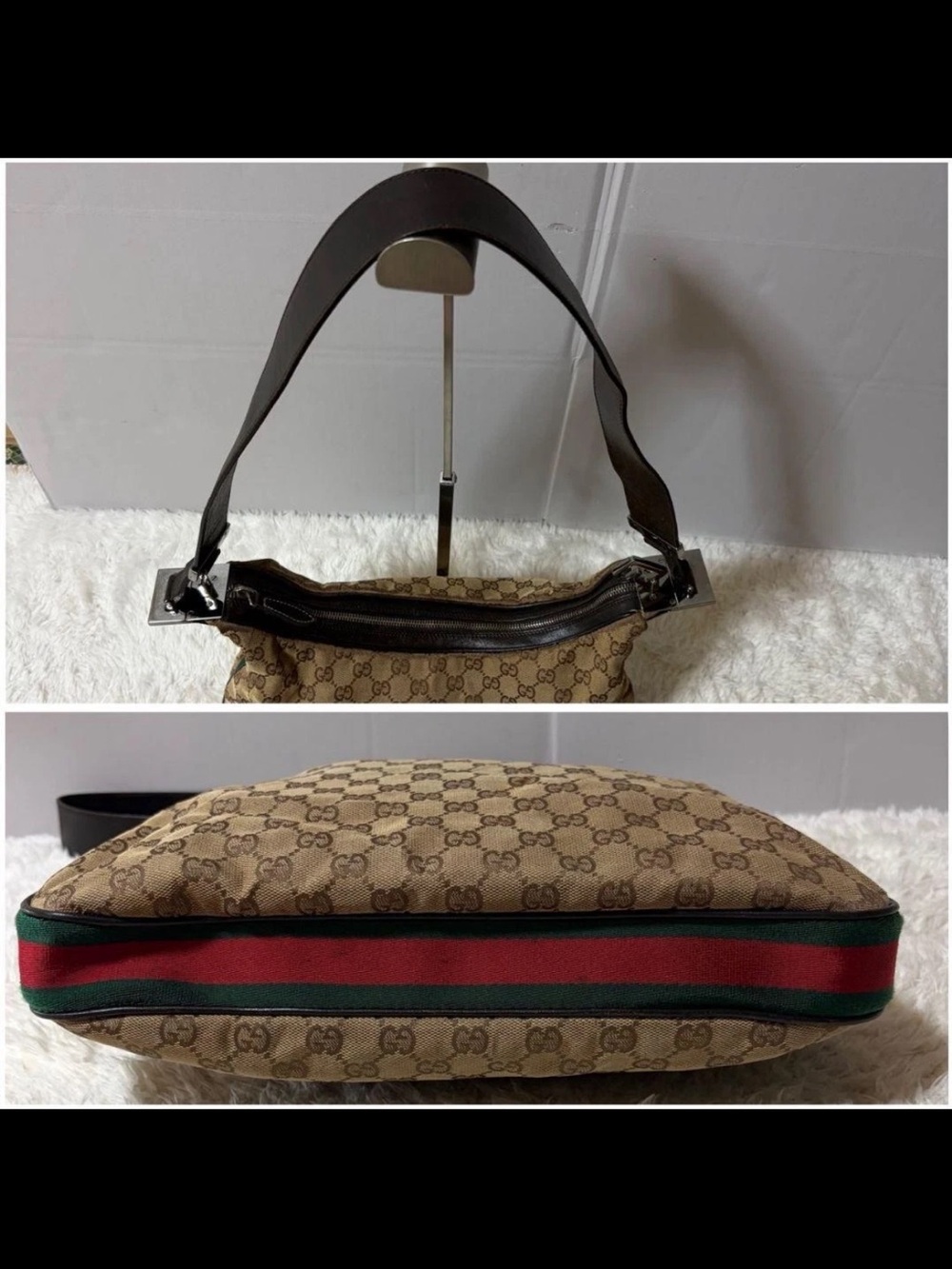 Gucci Beige GG Canvas Hobo Bag with Green-Red Trim - Picture 5 of 11